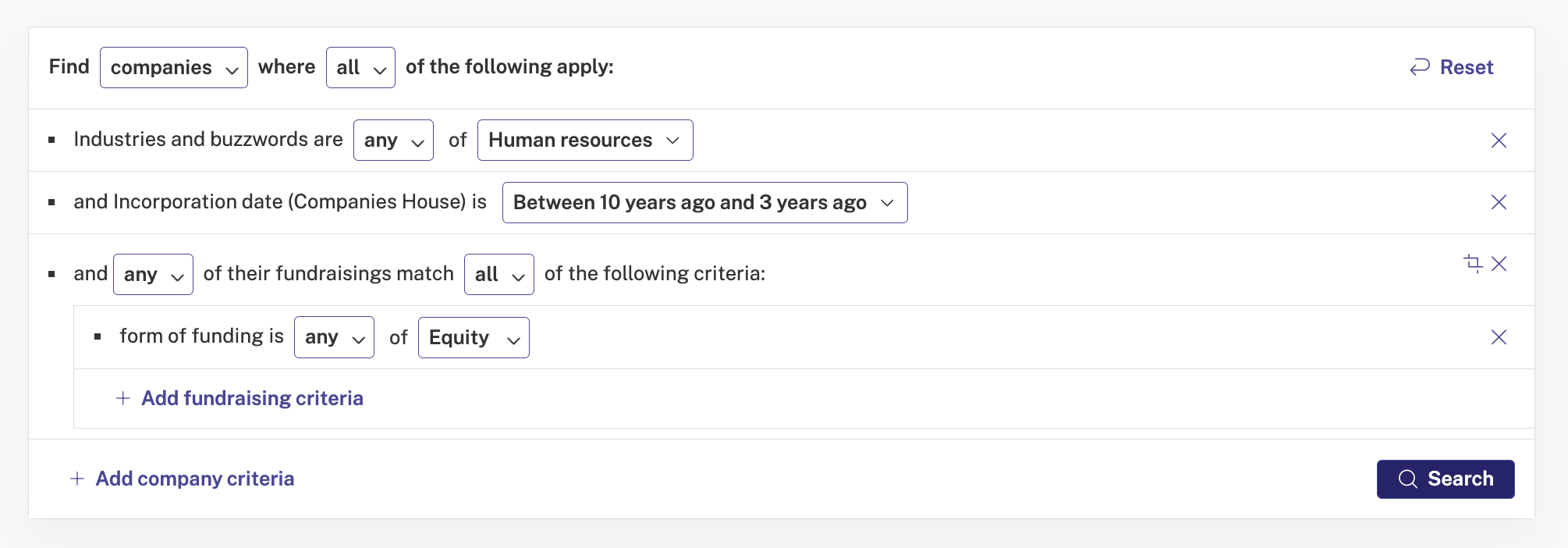 Screenshot of Beauhurst search showing established HR businesses