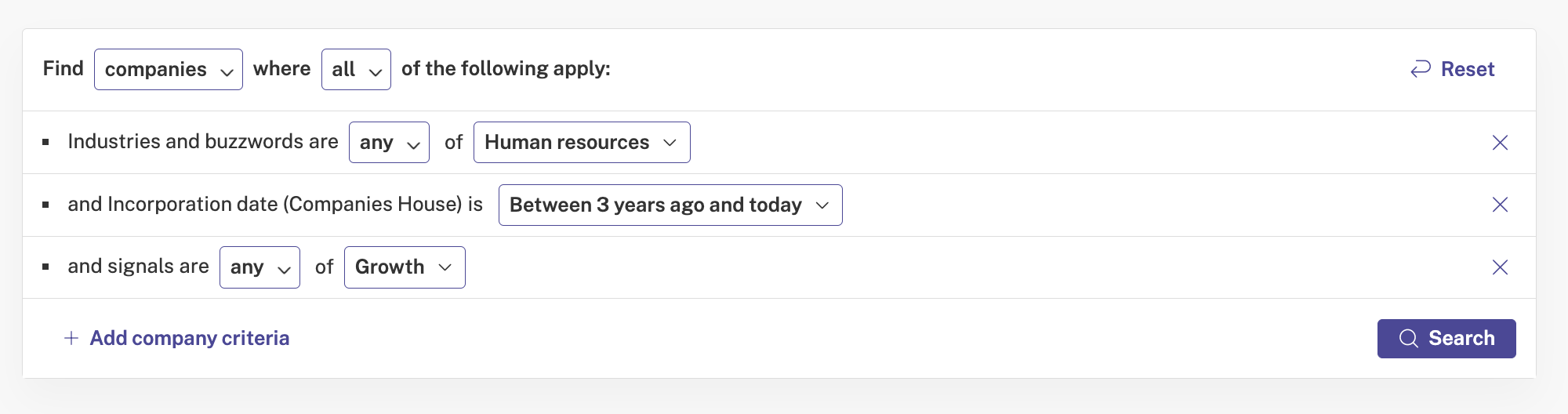 Screenshot of Beauhurst search showing up and coming HR businesses