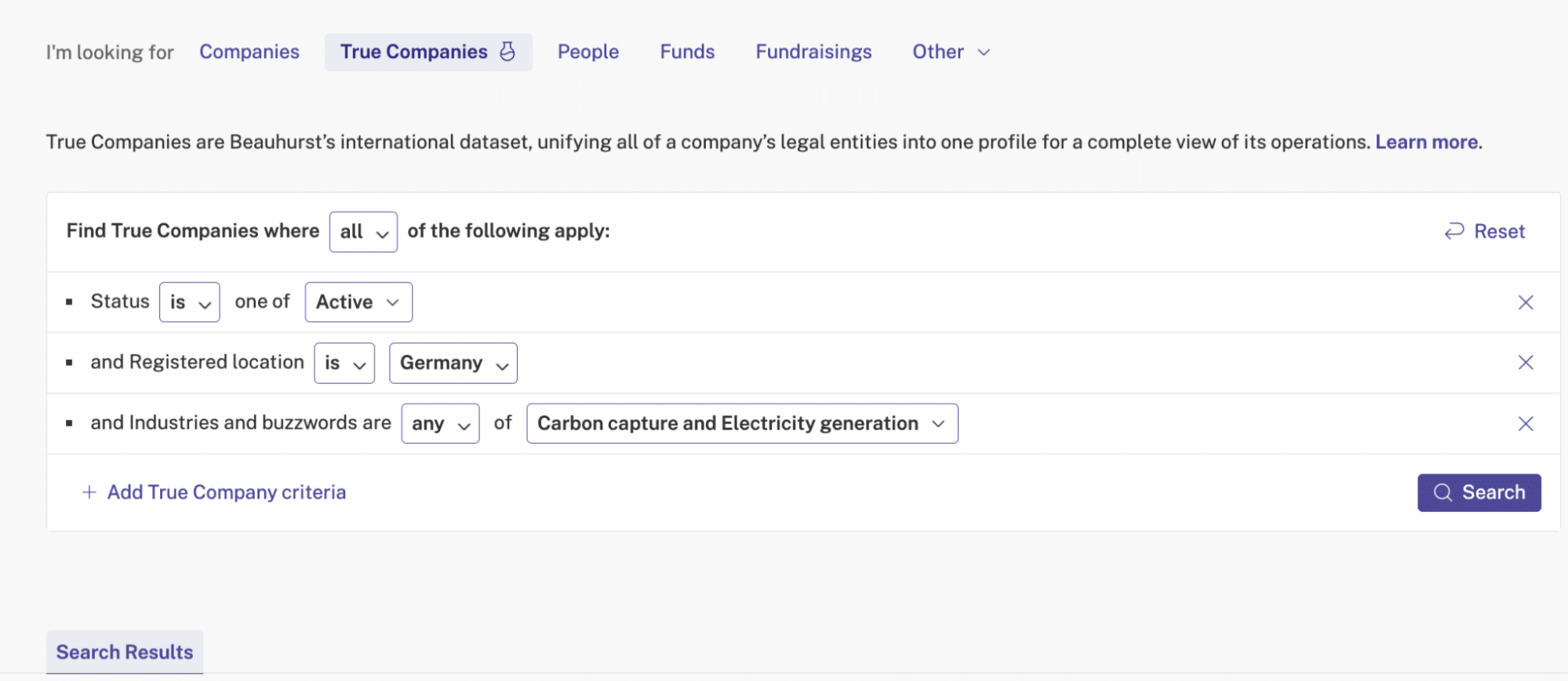 Example advanced search for German Carbon Capture companies